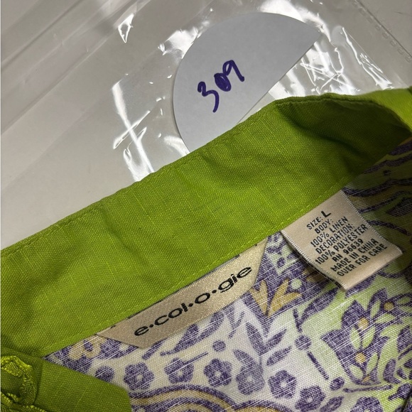 Ecologie Womens Green Purple  V-Neck 100% Linen Tunic Size Large 3/4 Sleeves - Picture 5 of 7